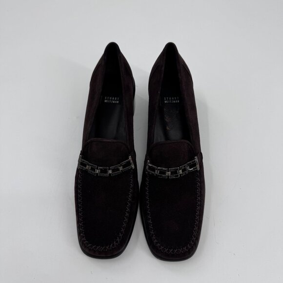 Stuart Weitzman Narrow Dark Brown Suede Loafers 7.5 AA With Chain Detail - Picture 2 of 9